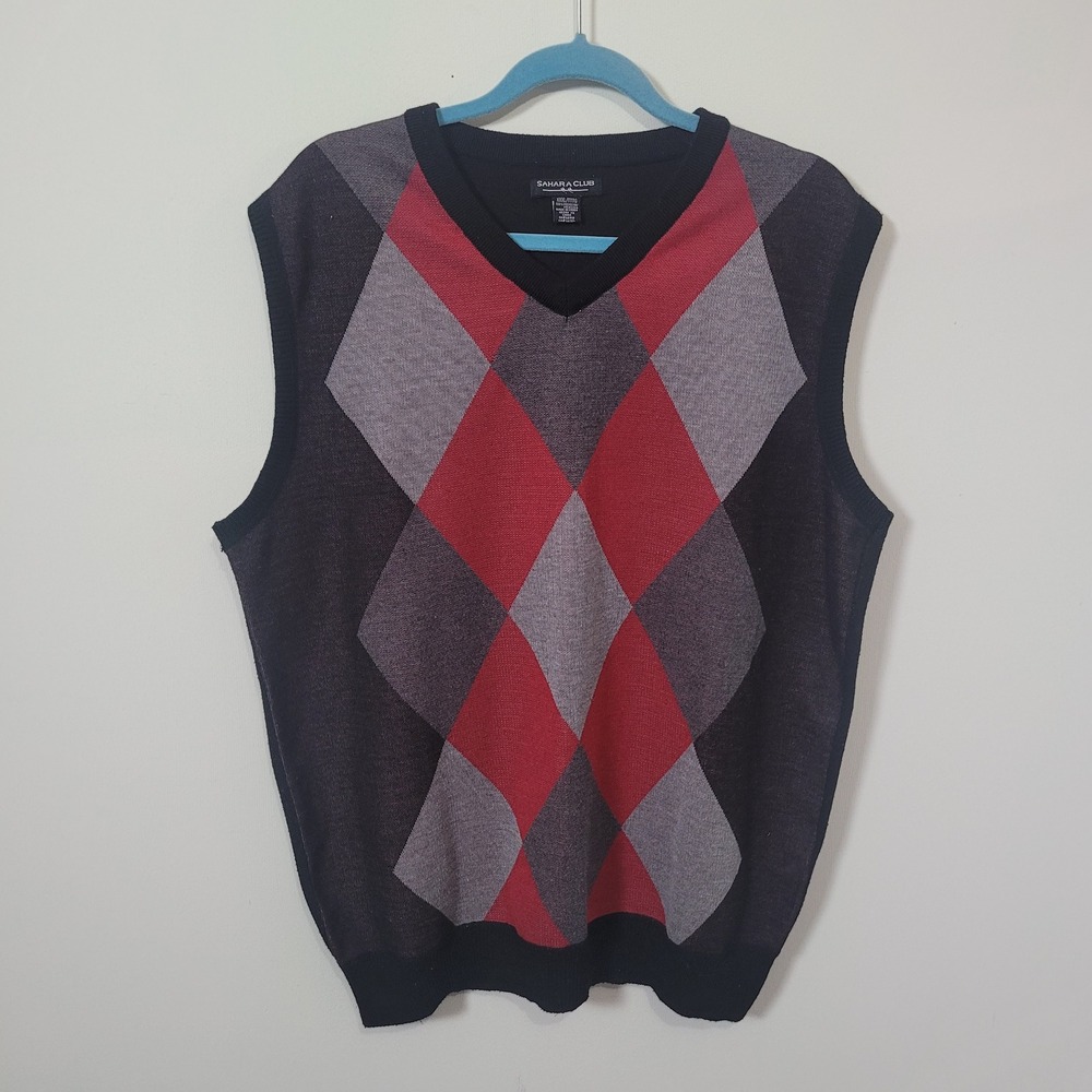 Sahara Club 3XL Sweater Vest Mens Black Red Grey Argyle V-Neck Knit XXL/TTTG